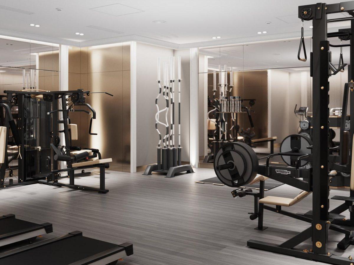Фитнес-зал только для жителей по стандарту FIT LAB с зонами для силовых занятий, кардиотренировок, свободных весов, растяжки, йоги
